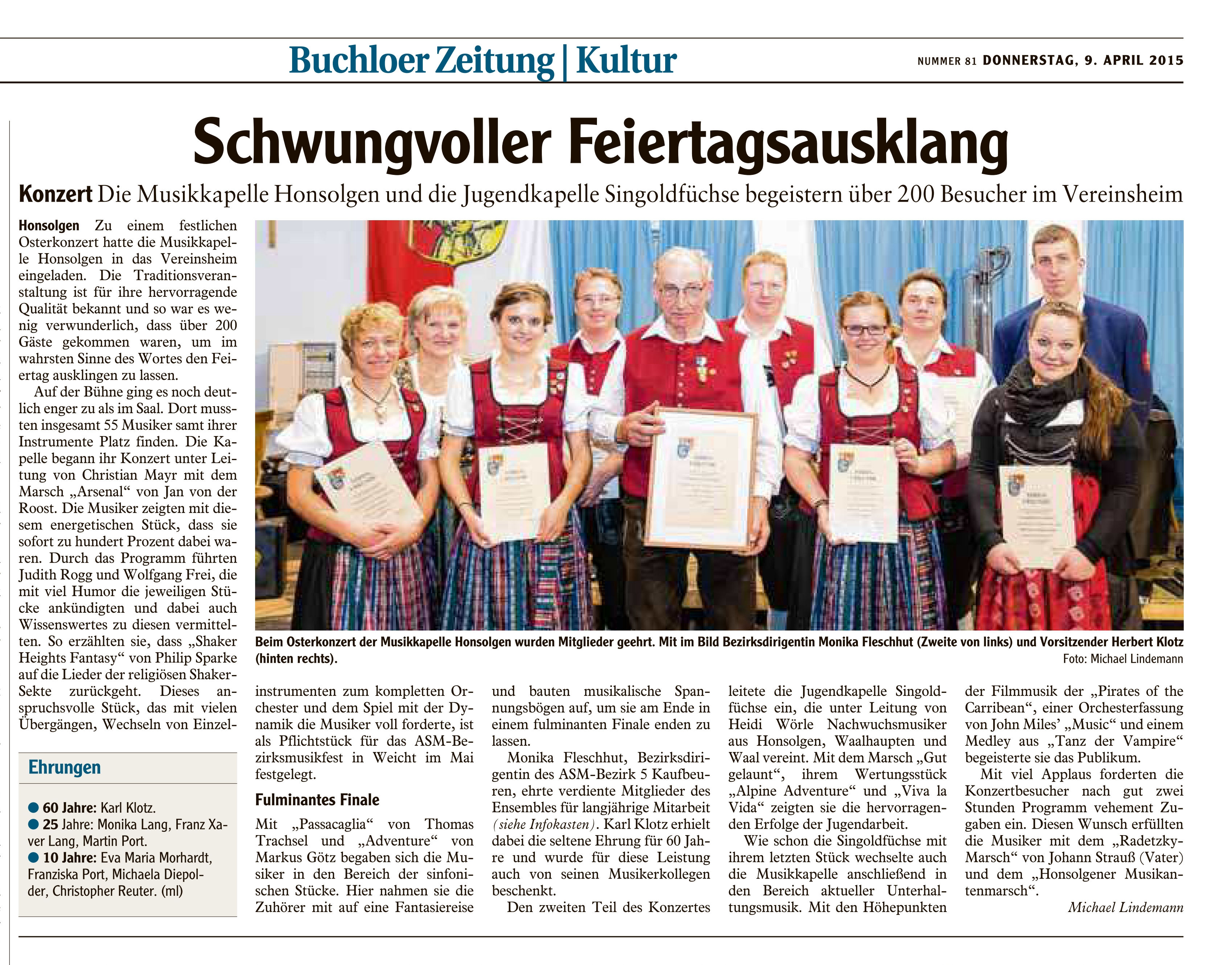 Osterkonzert der Musikkapelle Honsolgen 2015_Bericht aus Buchloer Zeitung